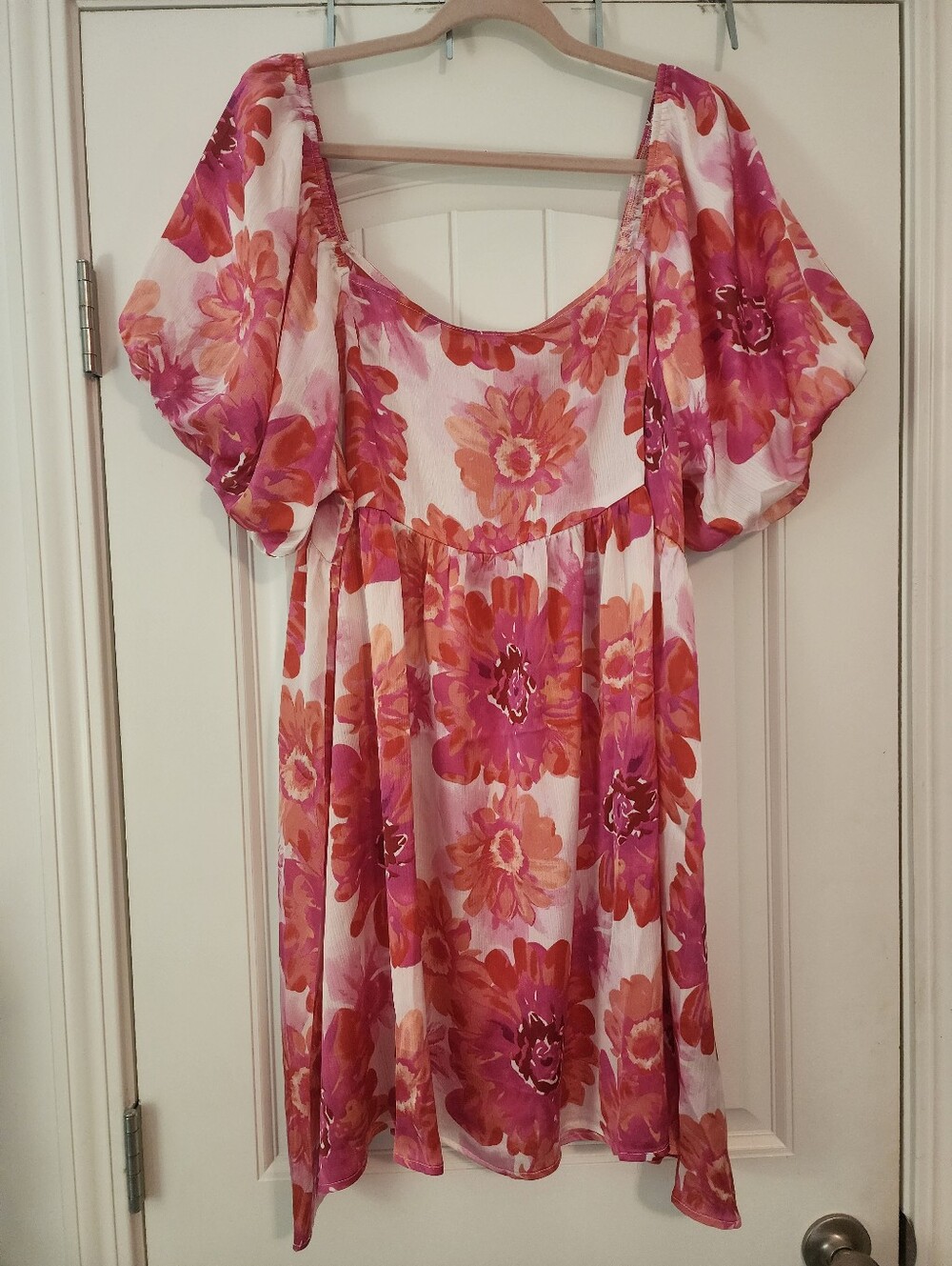 Bibi NWT Floral Puff-Sleeve Babydoll Dress White Pink & Coral On/Off Shoulder 2X